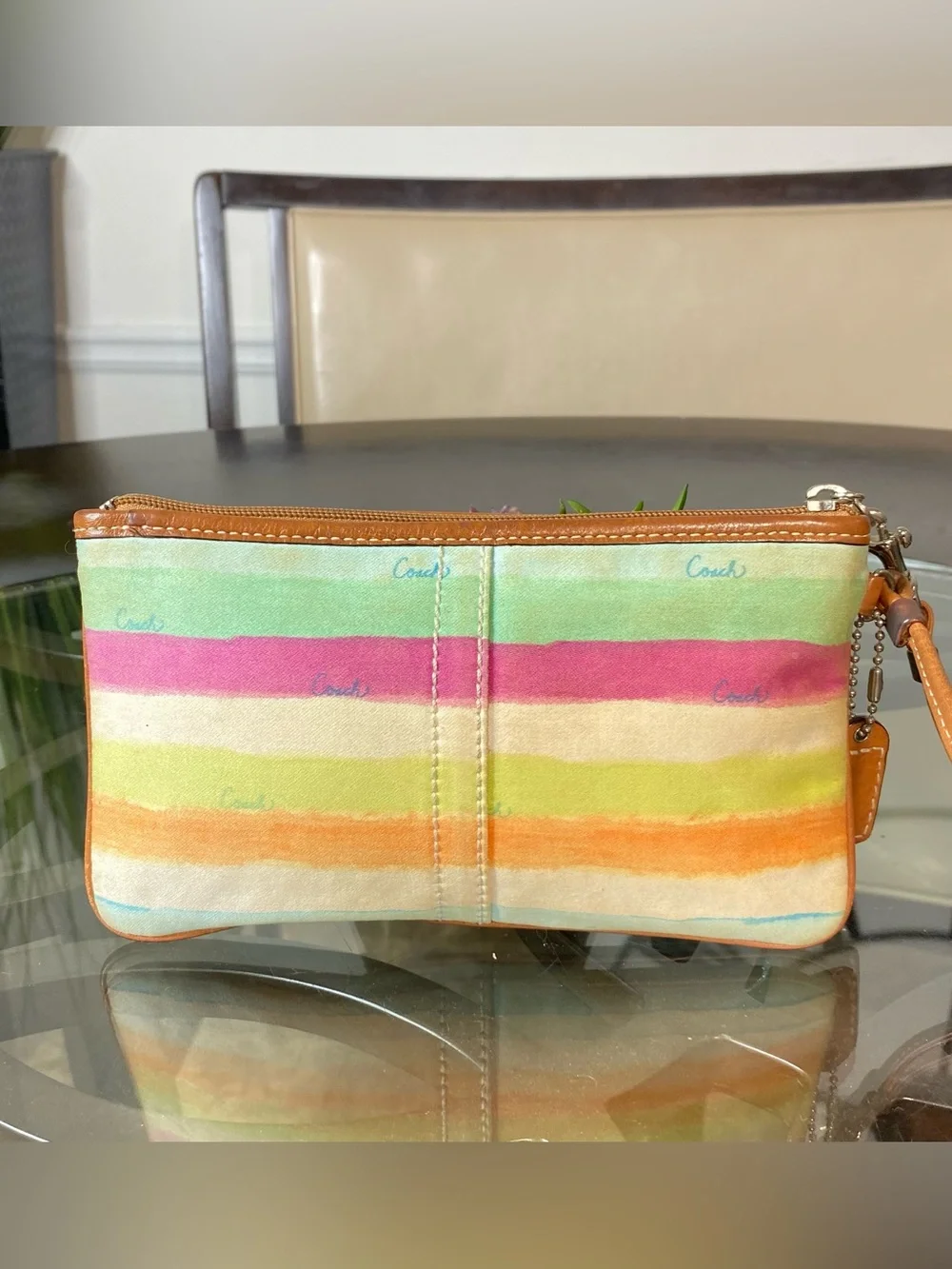 Coach Watercolor Rainbow Stripe Canvas Leather Wristlet Pouch Multicolor 41202